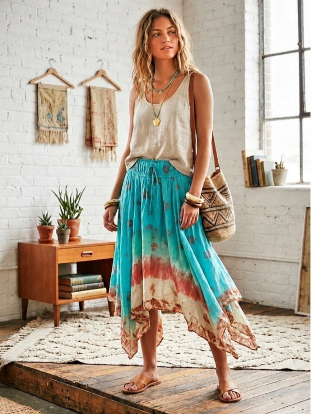Free People FP One Kaia Asymmetrical Midi Skirt Ocean Surf Combo NWT Size M
